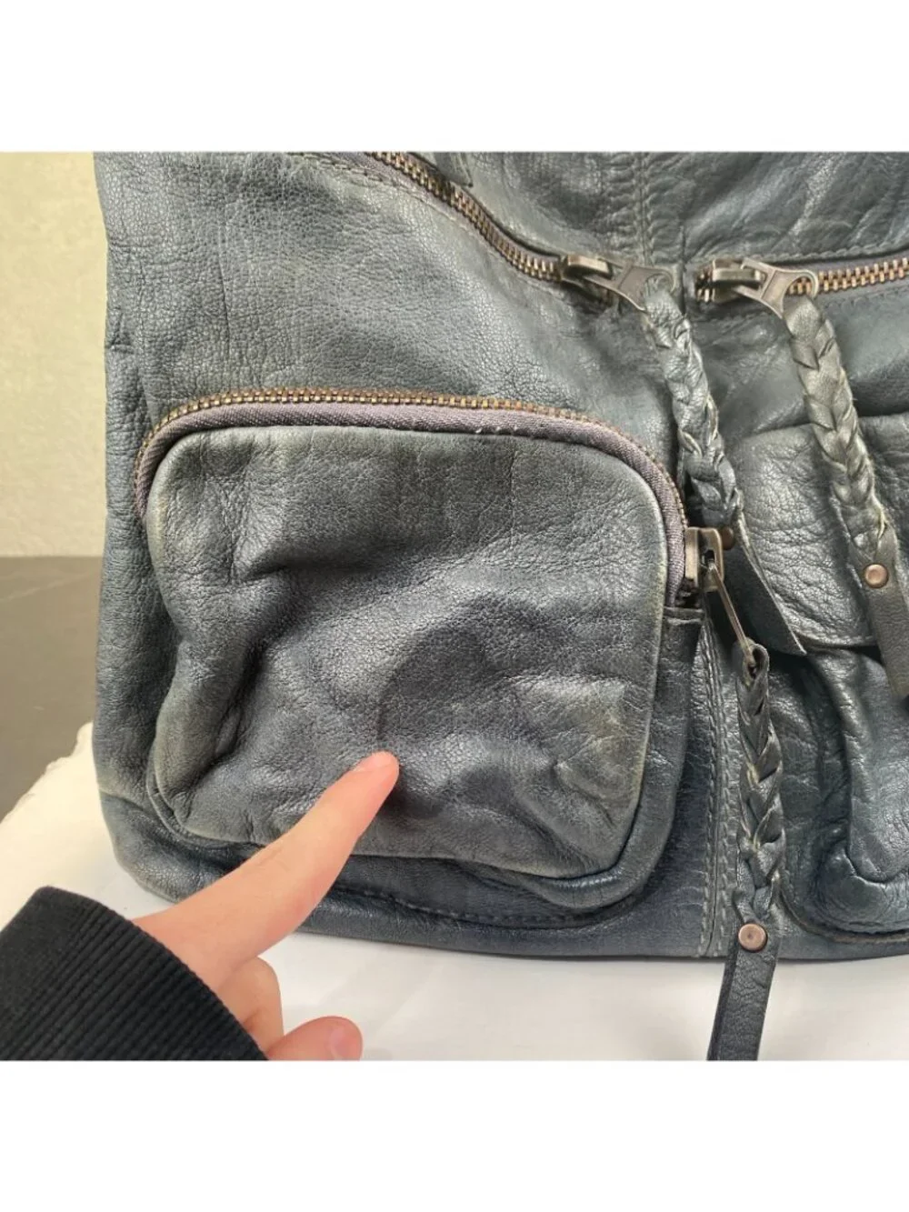 TANO Women's Bucket Hobo Bag Gray Leather Shoulder Front Pockets Boho Hippie
